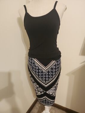 INC International Concepts Black and Navy Printed Midi Skirt